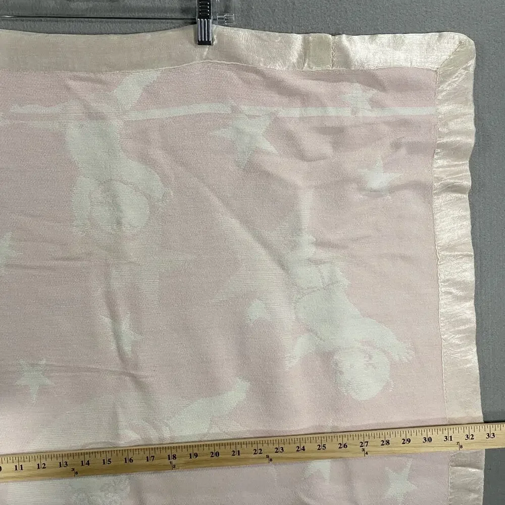 Vintage Baby Girl Nursery Crib Blanket Pink Satin Trim 33 x 39 Moon Stars *Read*